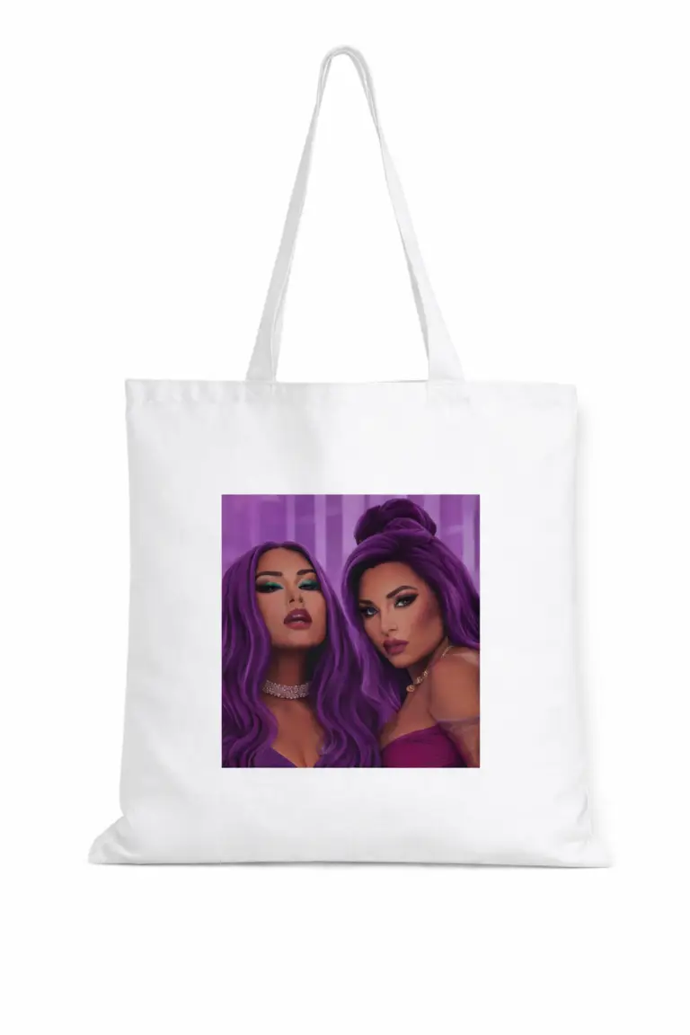 White tote featuring illustrated purple haired women