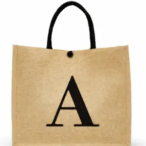 Personalized beige jute tote black initial