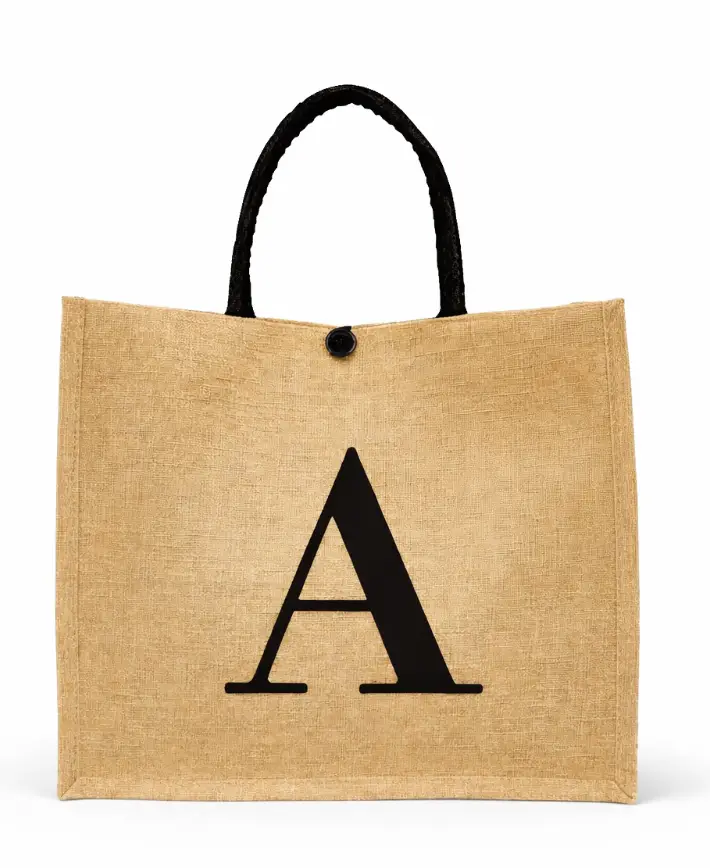 Personalized beige jute tote black initial