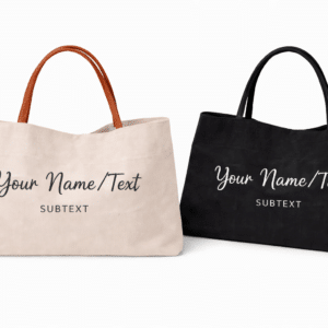 Black and light beige personalized tote bags with custom text