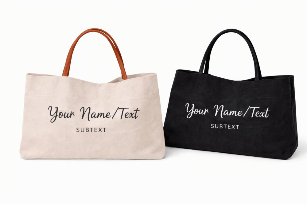 Black and light beige personalized tote bags with custom text