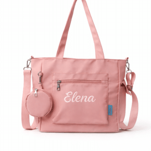 Personalised tote bag with custom embroidered name on front pocket in pink