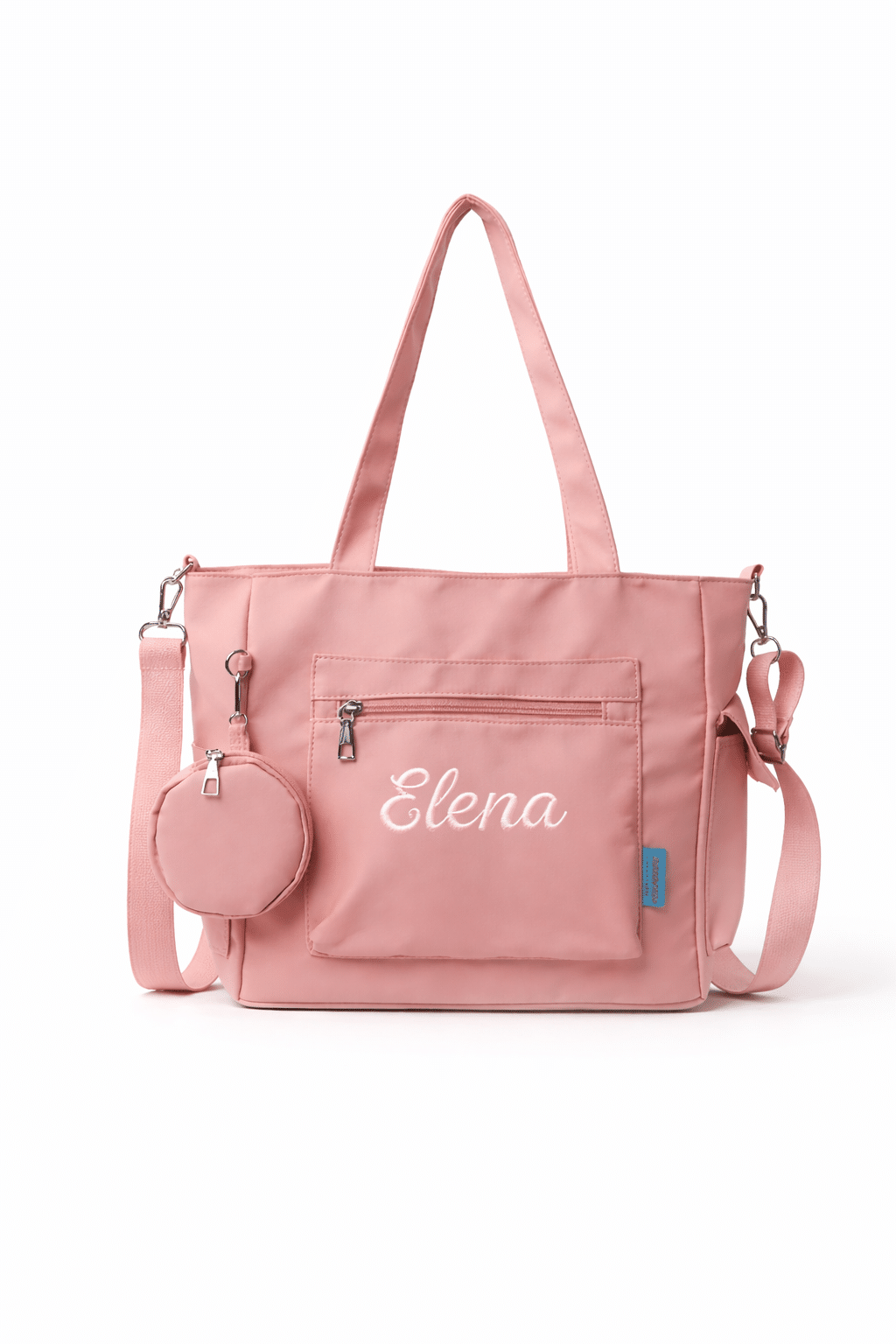 Personalised tote bag with custom embroidered name on front pocket in pink